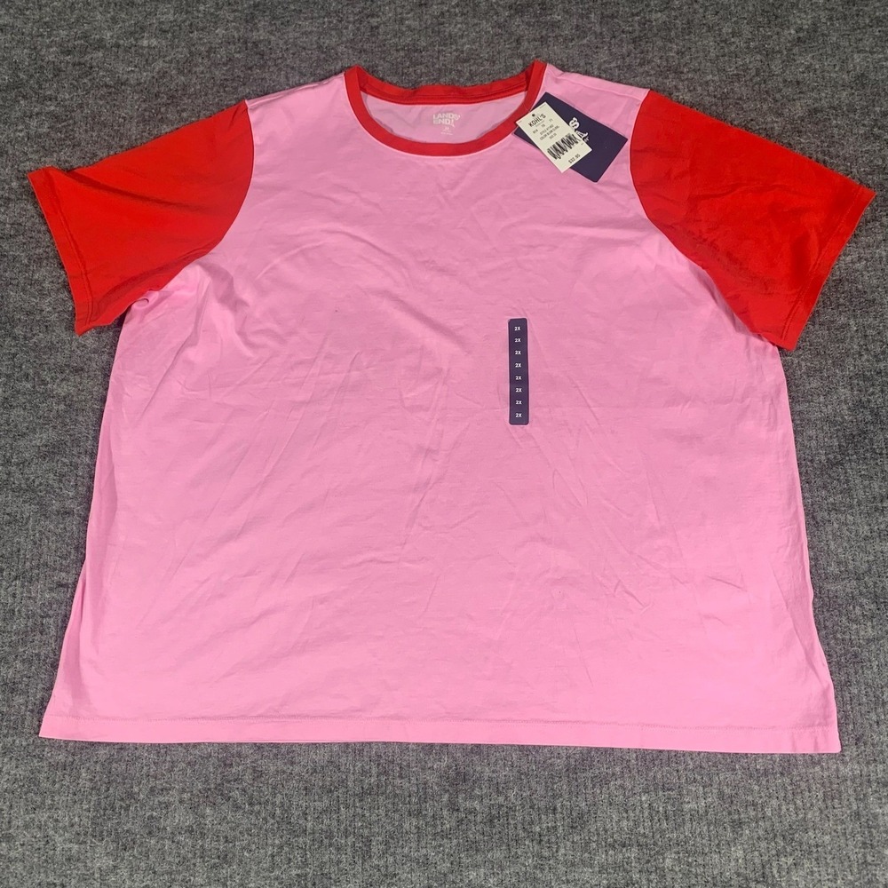 Lands End T Shirt Womens 2X Pink Red Colorblock Cotton Short Sleeve Casual Top